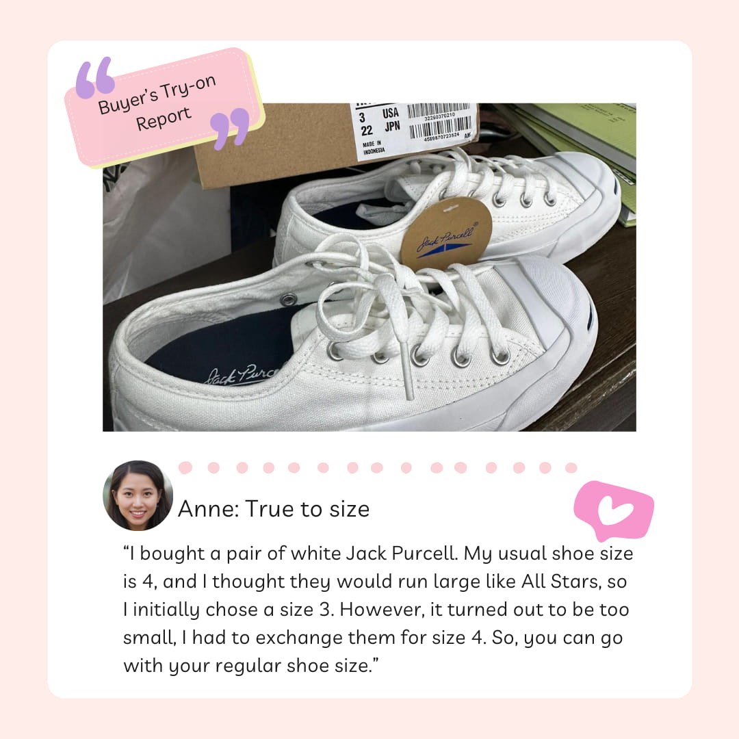 buyer's try on guide for Converse white Jack Purcell shoes