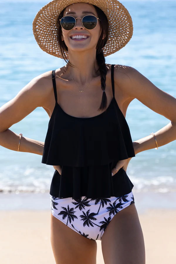 Beachsissi Leaf Print Ruffle Hem Cute Tankini Set