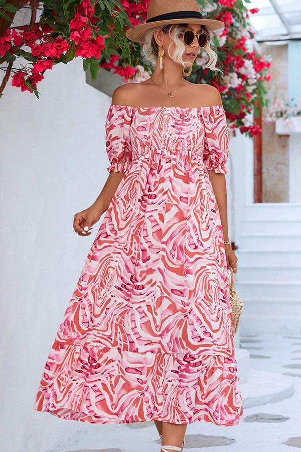 Beachsissi Smocked Print Off The Shoulder Midi Dress