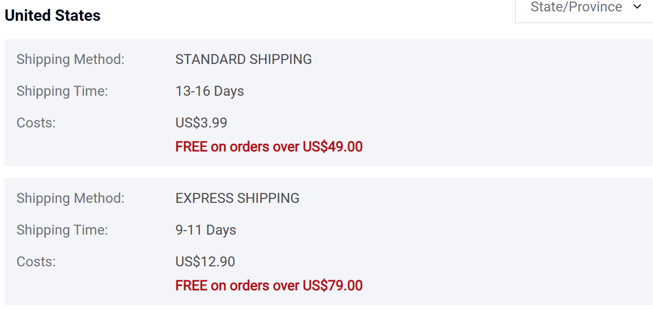 emery rose shipping info table