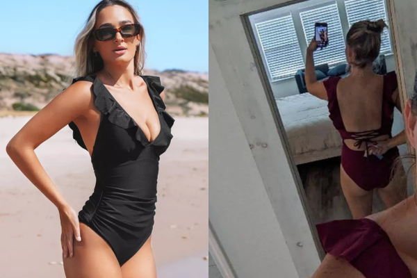 womens ruffled lace up one piece swimsuit