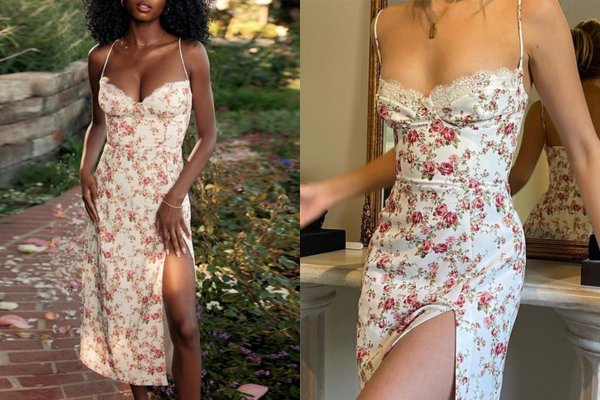 lace trim slit floral maxi dress