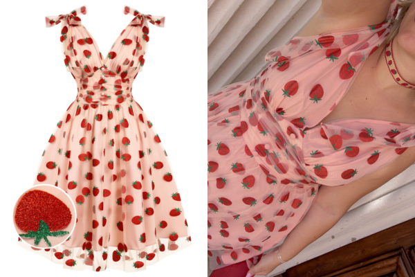 pink 1950s strawberry mesh swing dress