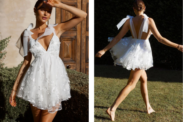 chantilly tied shoulder mini dress white