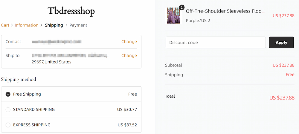 tbdress shipping fee