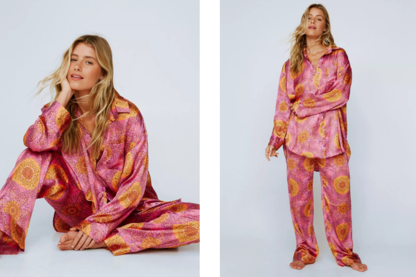 tile print satin long pyjama set
