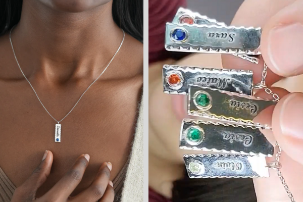 vertical sterling silver bar name necklace with birthstone